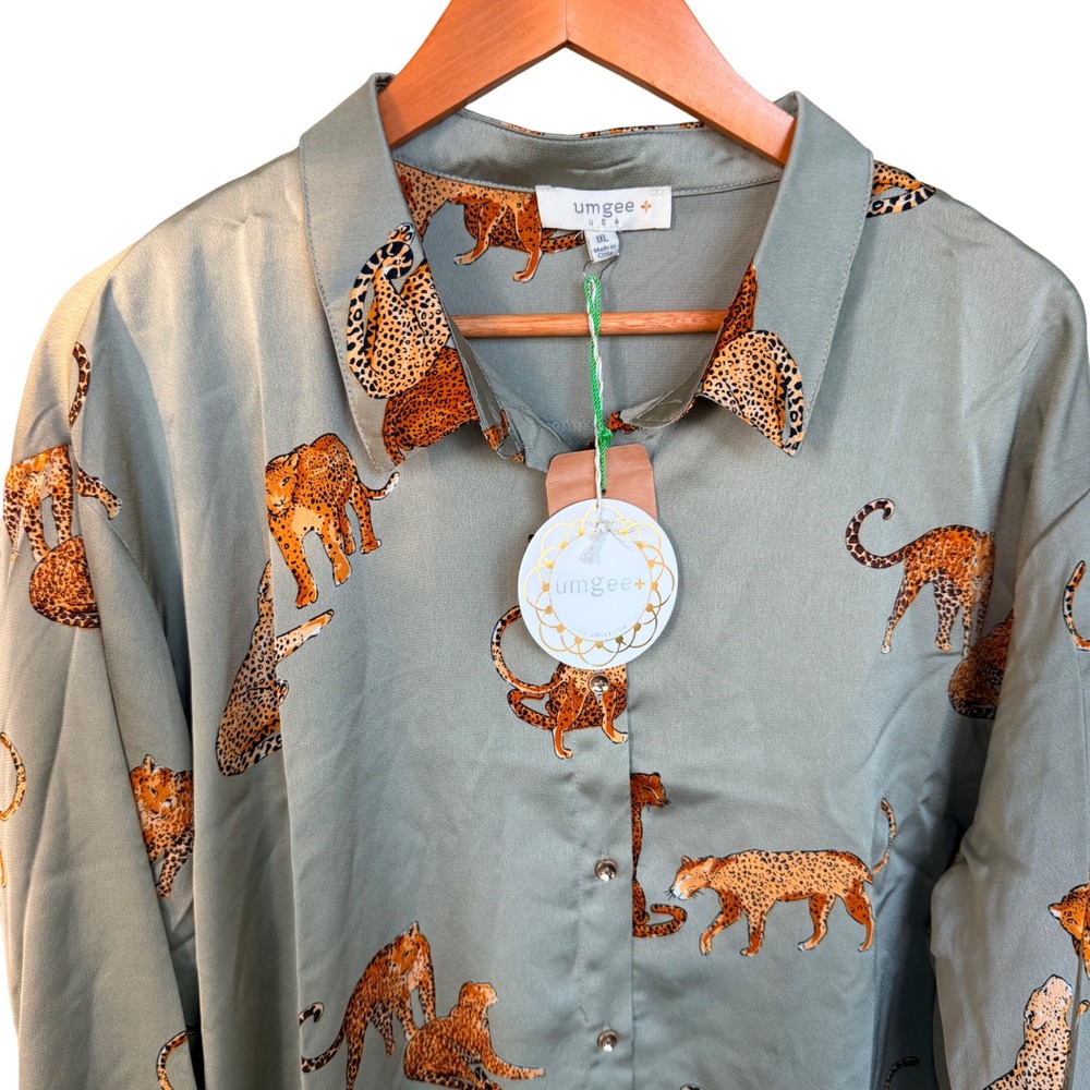Umgee Plus Leopard Print Shirt Sage Green Satin Blouse 1XL Eclectic Safari Chic - Picture 6 of 11